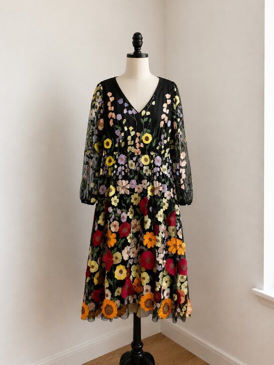 Dresses & Skirts - Black Dress with Colorful Floral Appliques